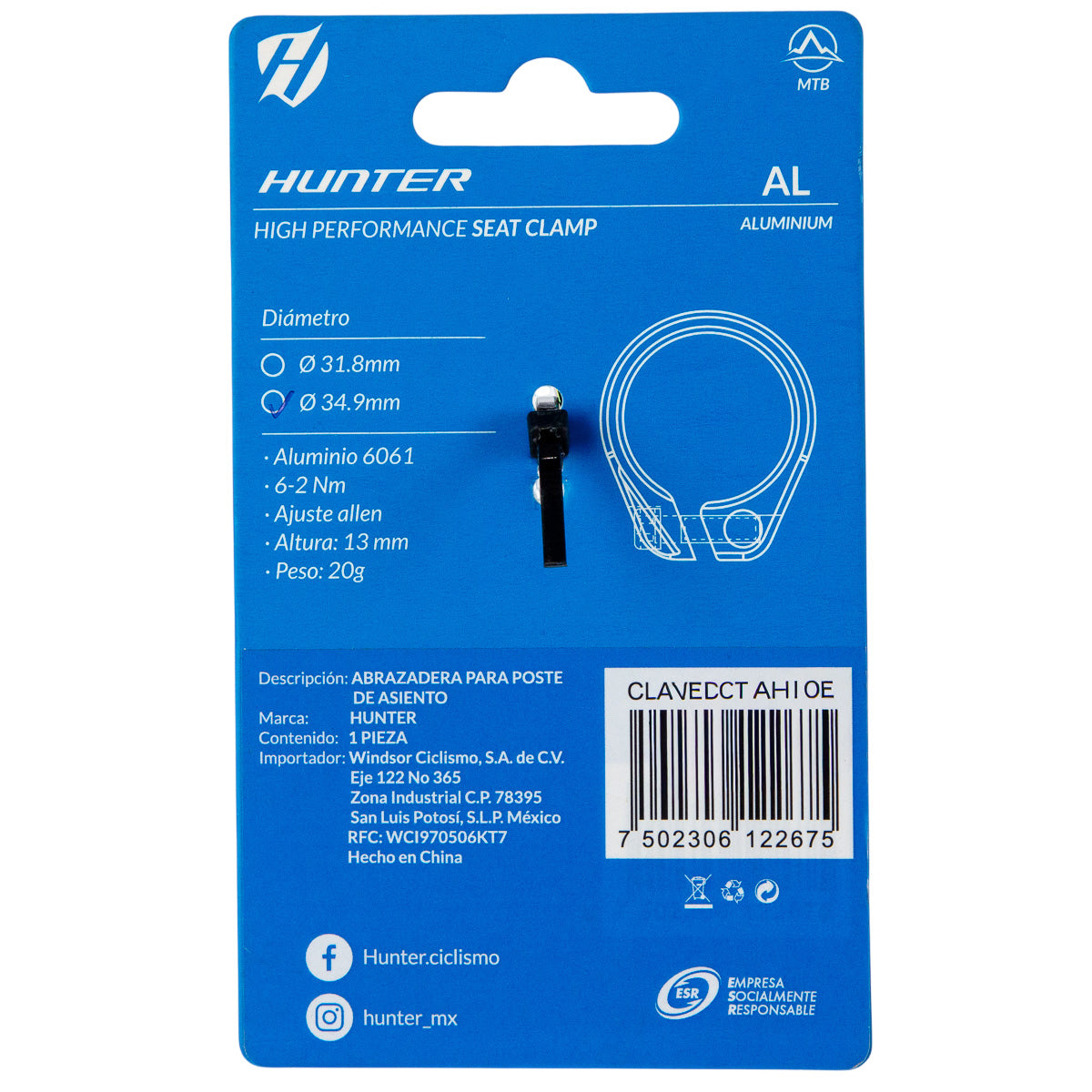 Abrazadera para poste de asiento de bicicleta Hunter 34.9 mm Tornasol