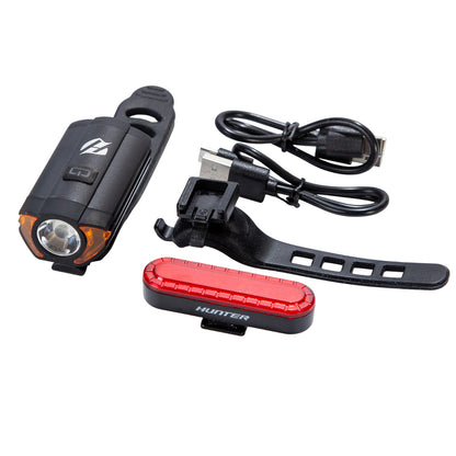 Luz trasera y delantera para bicicleta Hunter Set 300 lúmenes-10 lúmenes USB-C Negro