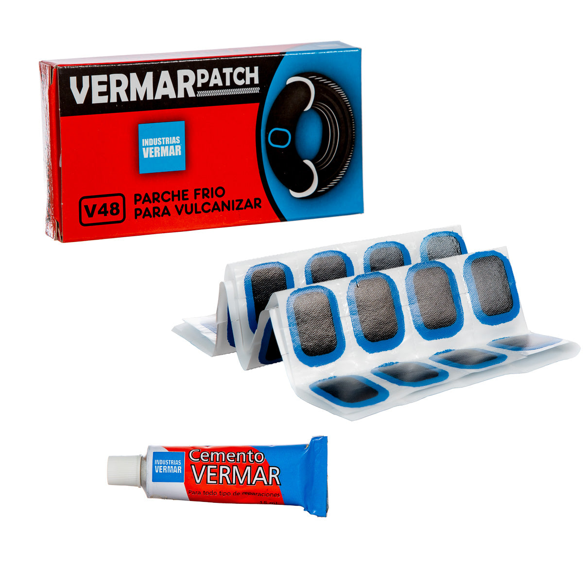 Parches para cámara de bicicleta Vermar 48 Piezas Rectangular Tubo de cemento de 20 ml